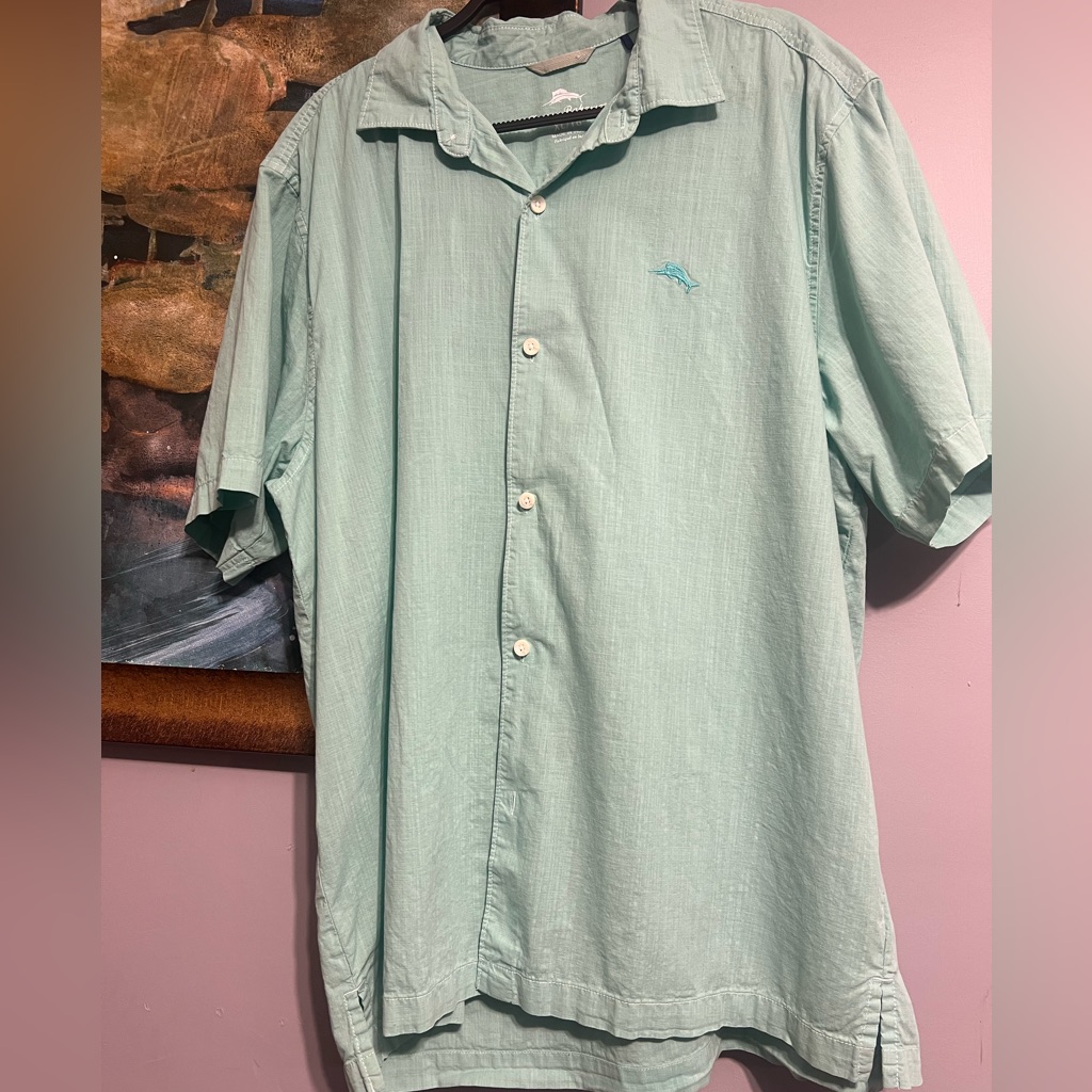 Tommy Bahama Shirt Men's Short Sleeve Button Up 100 Cotton Mint/Seafoam Green!!